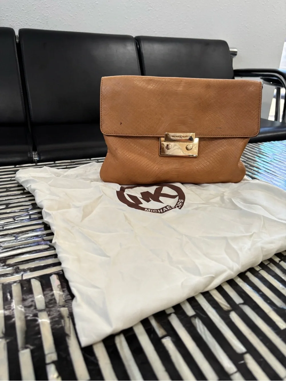 Authentic Michael Kors Cognac Textured Leather Shoulder Bag with Gold Chain